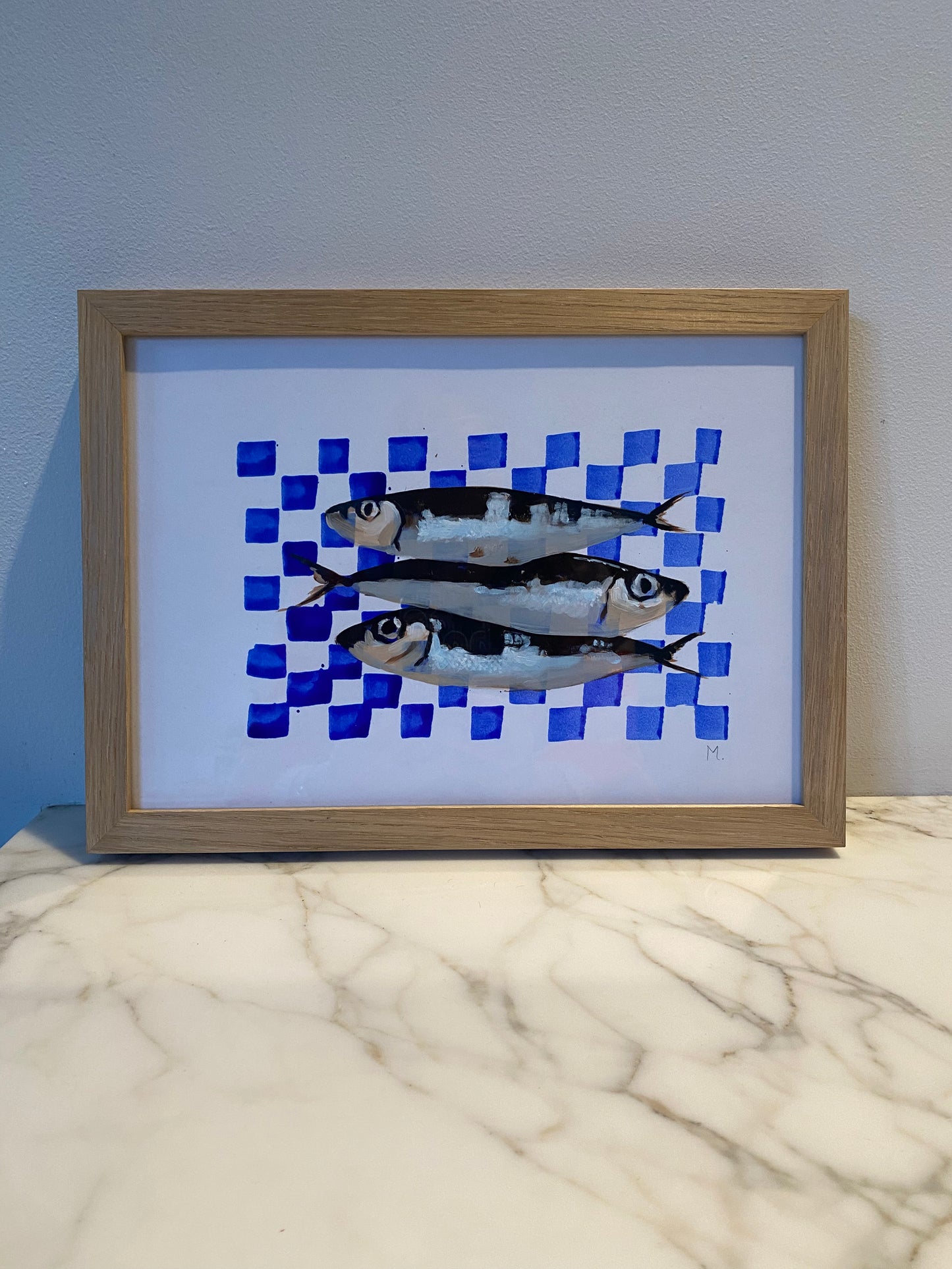 VERKOCHT Blauw geblokte visjes