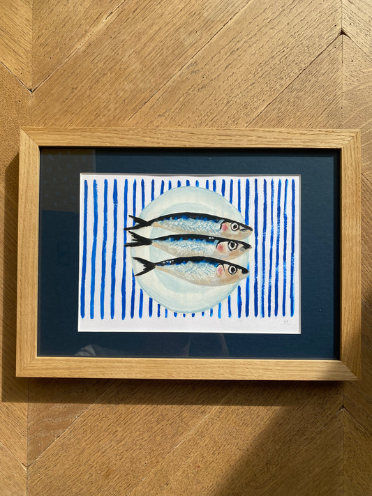 VERKOCHT Gestreepte visjes op papier (blauw)